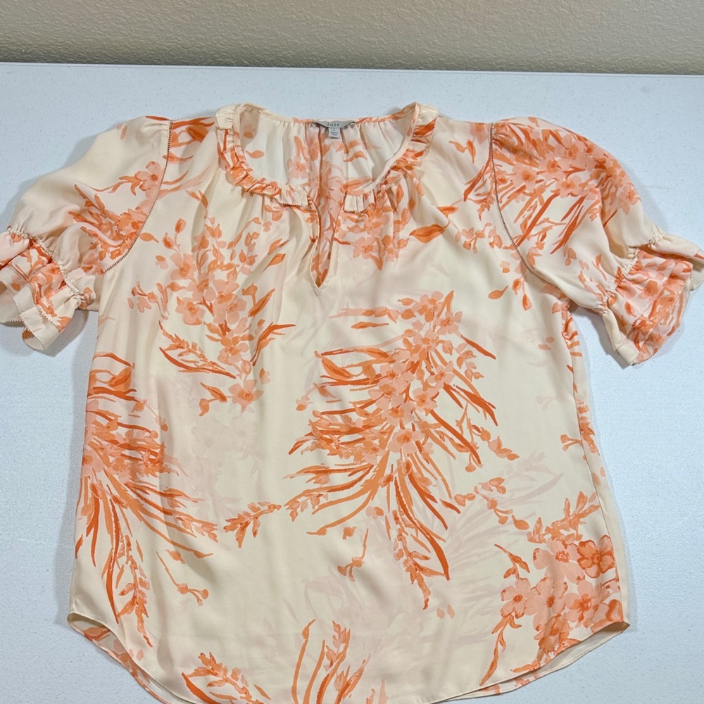 Joie Cream Blouse with Orange Floral Print and Ruffle Neck